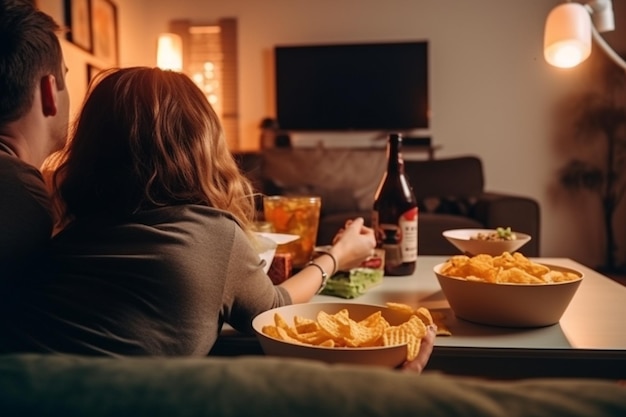 couple in living room watching tv and eat snack